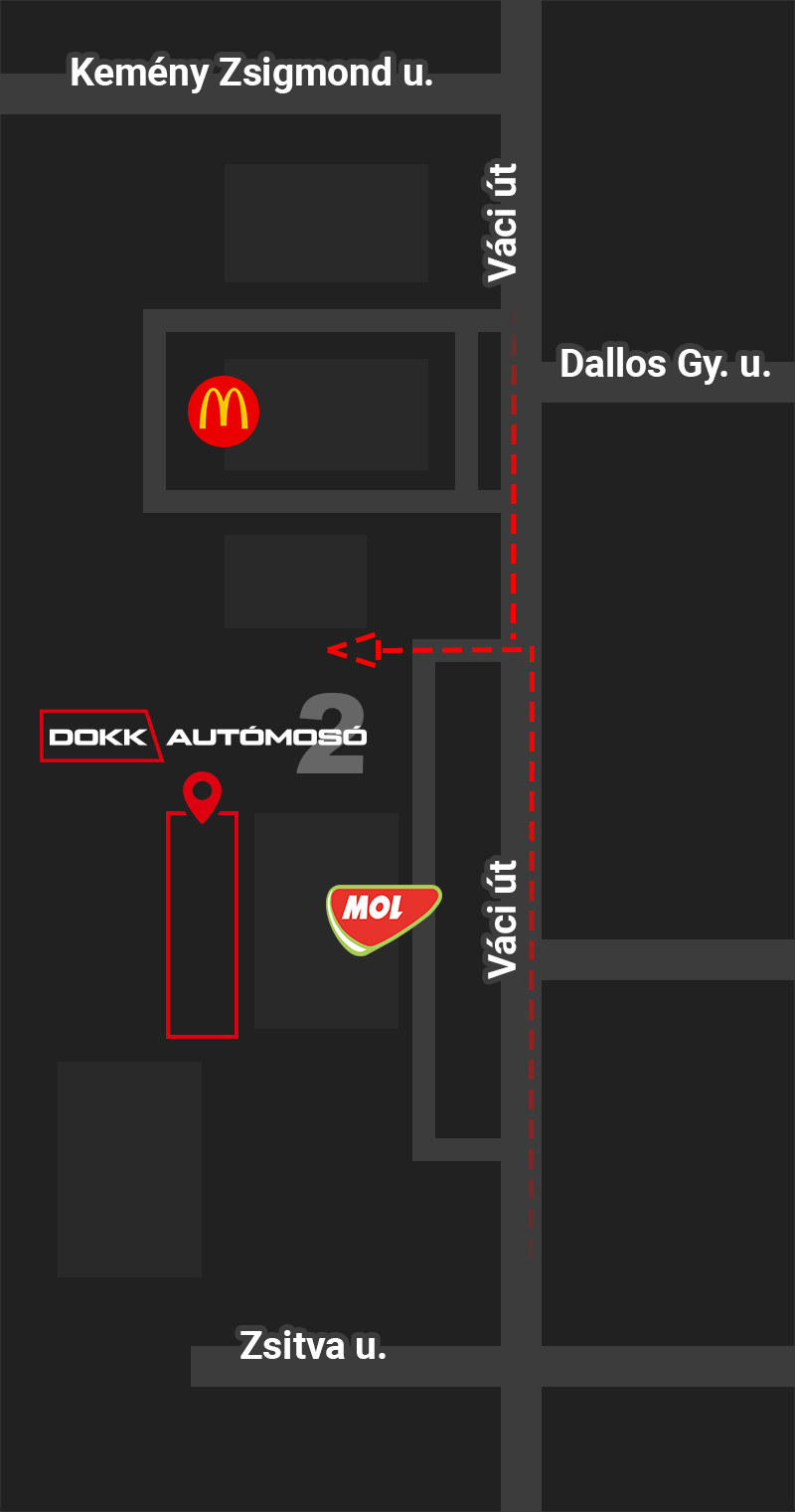 Térkép: a DOKK Autómosó 2 a Váci út 84-90. alatt, a MOL benzinkút és a McDonald’s szomszédságában.